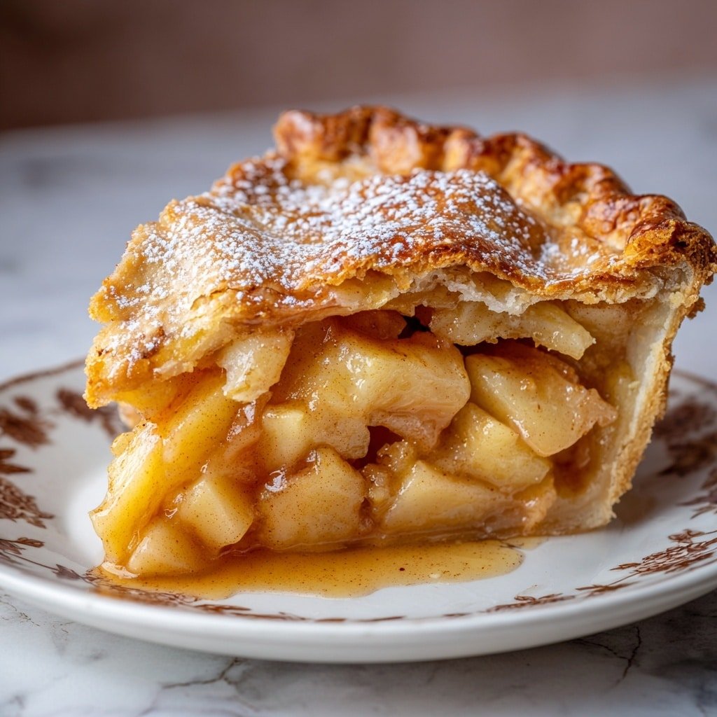 A close-up view of a slice of apple pie on a white plate with a brown floral pattern around the edge, sitting on a white marbled surface. The slice has two layers of golden brown crust—one at the bottom shaped thick and firm, and a top crust that is slightly puffed with a crimped edge and sprinkled lightly with powdered sugar. Inside, there is a thick layer of glossy, cooked apple chunks in a rich, golden syrup that spills slightly onto the plate. The apple pieces are soft and slightly translucent, with visible spices like cinnamon mixed in the syrup. Photo taken with an iphone --ar 1:1 --v 7 — Salted Caramel Apple Pie, salted caramel apple desserts, apple pie with caramel, fall dessert recipes, salted caramel pie