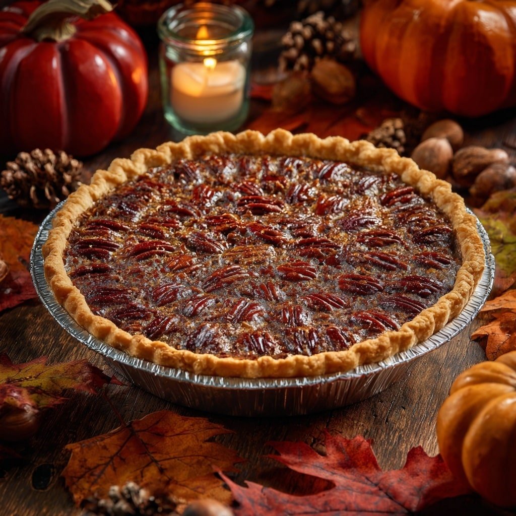 A pecan pie sits in the center of the image inside a foil tart pan with a golden, flaky crust that has a scalloped edge. The filling is dark brown and shiny with a caramelized texture, topped with a thick layer of whole pecans arranged evenly across the surface. The pie rests on a wooden table surrounded by two red pumpkins, one orange pumpkin, scattered pecans, pine cones, dried autumn leaves, and a lit candle in a glass jar. The setting has a warm, cozy fall atmosphere with deep brown and orange tones. Photo taken with an iphone --ar 1:1 --v 7 — Brown Butter Pecan Pie, pecan pie with browned butter, homemade pecan pie recipe, caramel pecan pie, classic Southern pecan pie