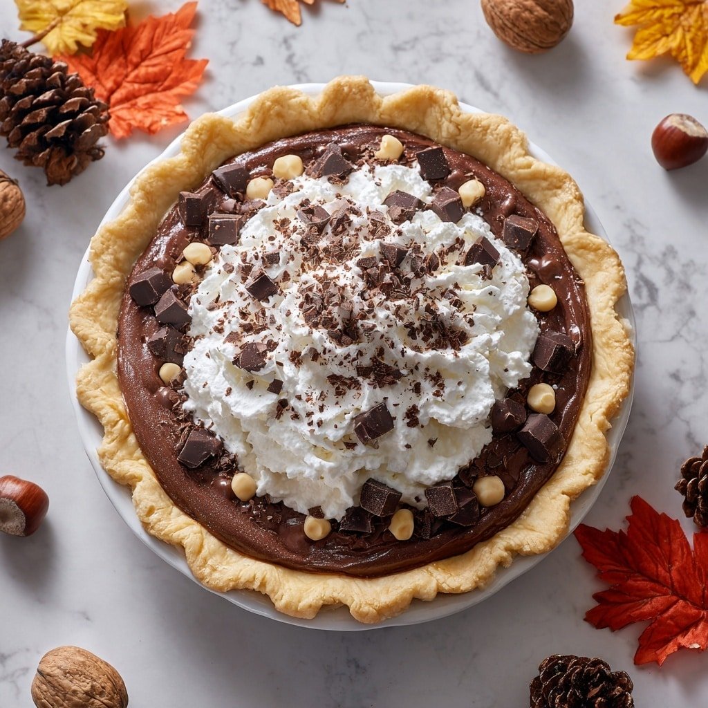 A round pie with a golden, crimped crust sits centered, filled with a rich dark chocolate layer. On top of the chocolate, there are scattered chunks of darker chocolate and whole hazelnuts placed evenly around the pie. The center is covered with a fluffy mound of white whipped cream, garnished with more chocolate shavings and a light dusting of cocoa powder. The pie is placed on a white marbled surface with autumn-themed decorations like brown pinecones, orange and yellow leaves, and walnuts around it. photo taken with an iphone --ar 1:1 --v 7 — Chocolate Hazelnut Pie, decadent chocolate hazelnut dessert, easy holiday pie recipe, rich nut and chocolate tart, buttery crust hazelnut pie
