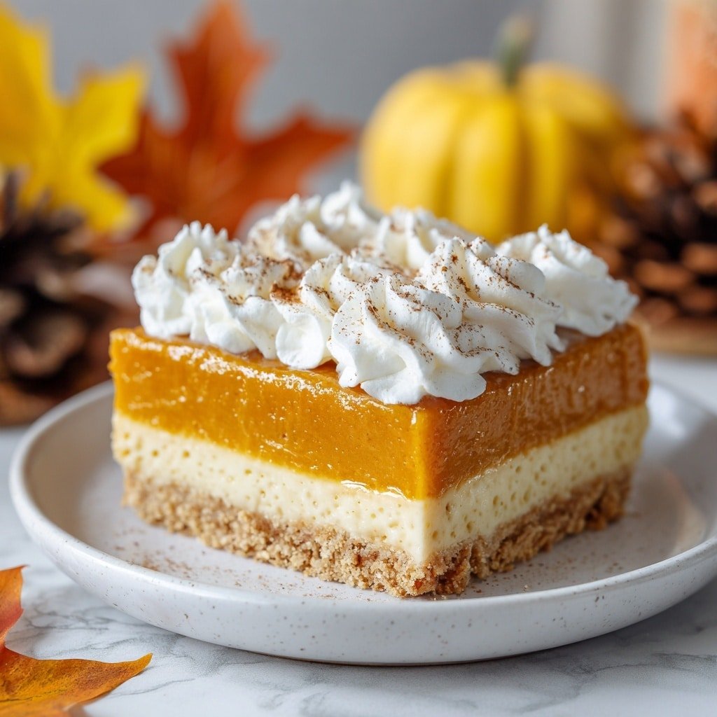 A square slice of bright orange pumpkin pie sits on a white plate, showing three clear layers: a bottom layer of light, crumbly crust with rough edges, a thick and smooth middle layer of glossy pumpkin filling with small bubbles, and a top layer of fluffy white whipped cream dolloped in swirls, sprinkled lightly with cinnamon powder. The plate rests on a white marbled surface with autumn decorations blurred in the background, including yellow and orange leaves, a pine cone, and a small yellow pumpkin. The lighting is warm, highlighting the pie’s shiny filling and soft whipped cream. Photo taken with an iphone --ar 1:1 --v 7 — Lemon Chess Pie, Southern lemon pie, tangy lemon custard pie, easy Lemon Chess Pie, buttery citrus pie