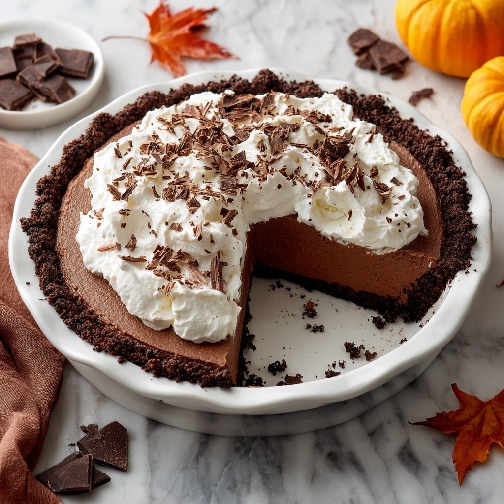 A rich chocolate pie with a crumbly dark brown crust forms the bottom and edges, holding a smooth, thick layer of chocolate filling in the center. On top, a large, fluffy white whipped cream layer covers half the pie, decorated with scattered dark chocolate shavings that add texture and visual contrast. A single slice is missing, showing the even thickness of the chocolate filling and crumbs left on the white plate underneath. Around the plate are dark chocolate chunks and autumn leaves on a white marbled surface, with a small pumpkin nearby for a cozy, seasonal feel. Photo taken with an iphone --ar 1:1 --v 7 — Chocolate Avocado Silk Pie, healthy chocolate pie with avocado, vegan chocolate dessert, creamy avocado chocolate pie, easy no-bake chocolate pie