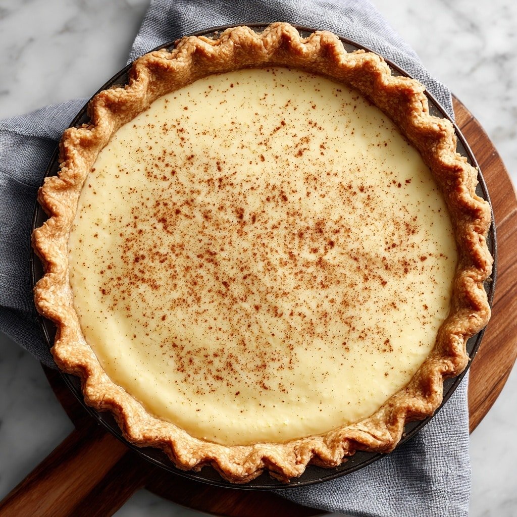 A single-layer pie with a golden, crimped edge crust surrounding a smooth, pale yellow filling that is glossy and evenly dusted with a fine layer of brown cinnamon or spice. The pie is in a dark round tin placed on a wooden board with a grey cloth napkin nearby, captured from above on a white marbled surface. The texture of the crust looks flaky and slightly browned, while the filling appears creamy and soft. Photo taken with an iphone --ar 1:1 --v 7 — Maple Bourbon Buttermilk Pie, Maple Bourbon Pie, Buttermilk Pie recipe, Autumn dessert recipes, Holiday pie ideas