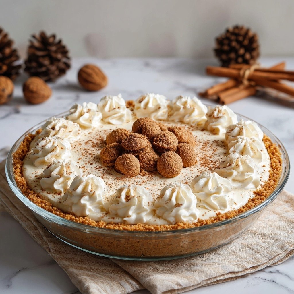 The dessert is presented in a clear glass pie dish with a crumbly light brown cookie crust forming the base and edges. On top is a smooth pale cream layer, covered with swirls of white whipped cream evenly spaced along the edge, each topped with a dusting of brown cinnamon powder. The center is decorated with a mix of whole and crushed small round brown cookies, creating a textured cluster. The whole pie is set on a beige cloth with pinecones and cinnamon sticks blurred in the warm background on a white marbled surface. Photo taken with an iphone --ar 1:1 --v 7 — Gingerbread Cream Pie, festive holiday dessert, spicy gingerbread pie, creamy gingerbread filling, easy holiday pie recipe
