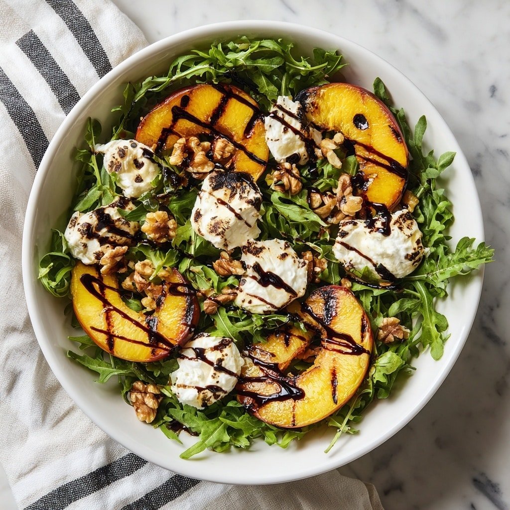 A white bowl filled with a fresh salad showing three main layers: the base layer has bright green arugula leaves spread evenly, the middle layer features sliced grilled yellow peaches with charred grill marks, arranged in a rough circle around the bowl, and the top layer has dollops of creamy white cheese placed atop the peach slices with small pieces of light brown walnuts scattered over the arugula. The dish is finished with thin dark balsamic glaze streaks drizzled over the cheese and peaches. The bowl sits on a white marbled surface next to a white cloth with black stripes. Photo taken with an iphone --ar 1:1 --v 7 — Grilled Peach Salad with Arugula and Burrata, grilled peach salad, summer fruit salad, easy grilled peach salad, fresh summer salads