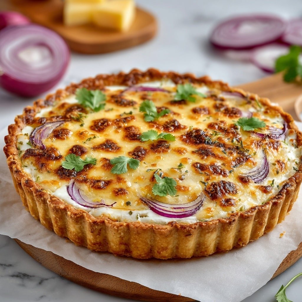Onion Tart with Caramelized Onions and Gruyère Recipe - Recipe Image — Onion Tart with Caramelized Onions and Gruyère, savory onion tart, caramelized onion tart recipe, Gruyère tart, elegant brunch appetizer